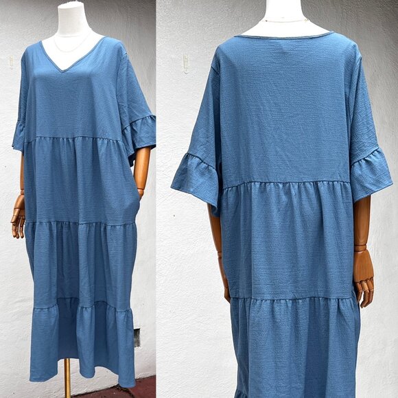 Emery Rose Tiered Ruffle Blue Maxi Dress With Pockets & Bell Sleeves Sz 4X Long - Picture 13 of 13